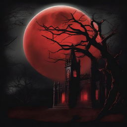 A vivid depiction of a blood-red moon glowing against a pitch-black gothic background