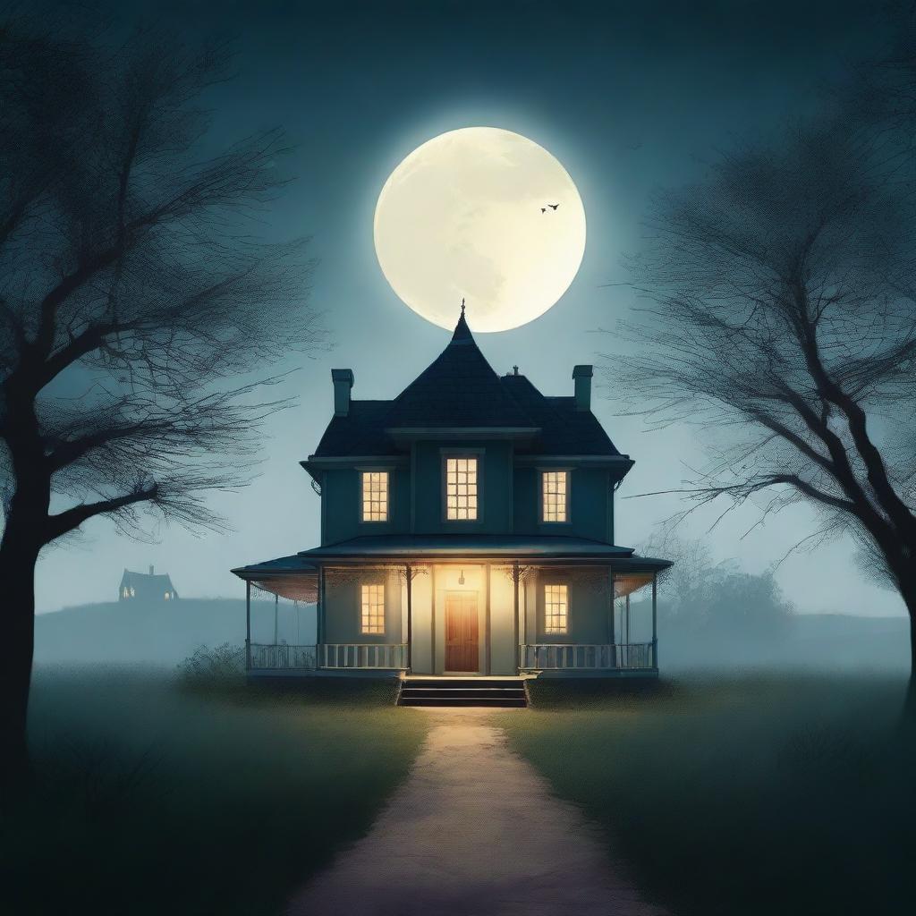 A captivating book cover featuring a serene countryside house at night