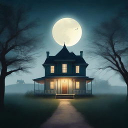 A captivating book cover featuring a serene countryside house at night