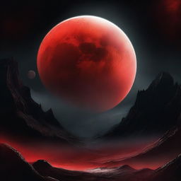 A vivid image of a blood-red moon against a stark black fantasy background