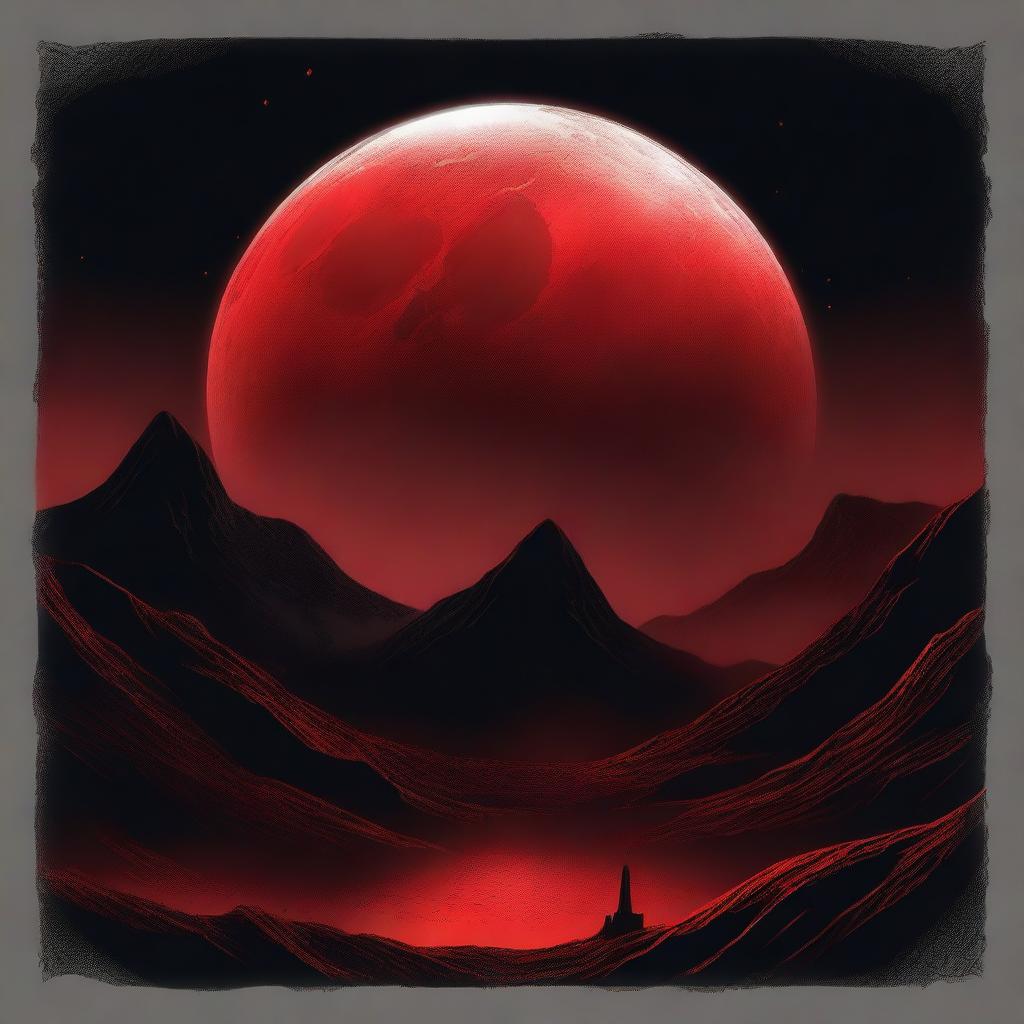 A vivid image of a blood-red moon against a stark black fantasy background