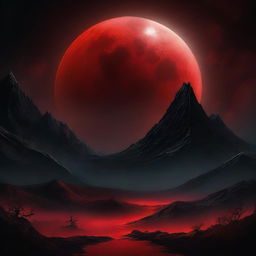 A vivid image of a blood-red moon against a stark black fantasy background