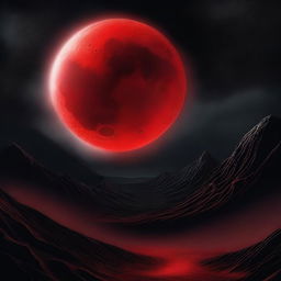 A vivid image of a blood-red moon against a stark black fantasy background