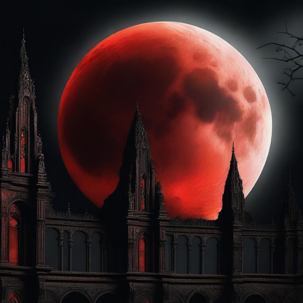 A vivid image of a blood-red moon against a stark black gothic background