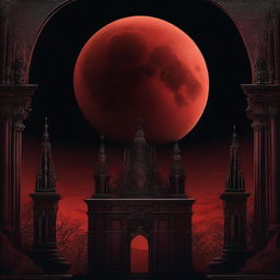 A vivid image of a blood-red moon against a stark black gothic background