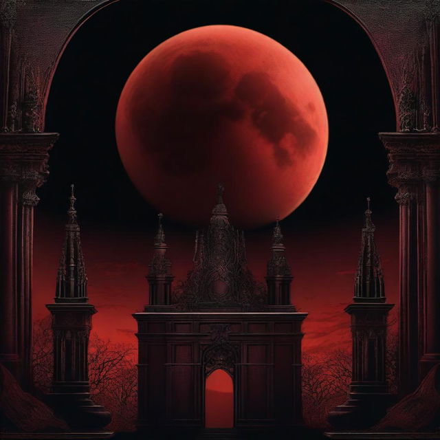 A vivid image of a blood-red moon against a stark black gothic background