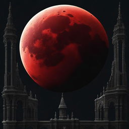 A vivid image of a blood-red moon against a stark black gothic background