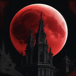 A vivid image of a blood-red moon against a stark black gothic background