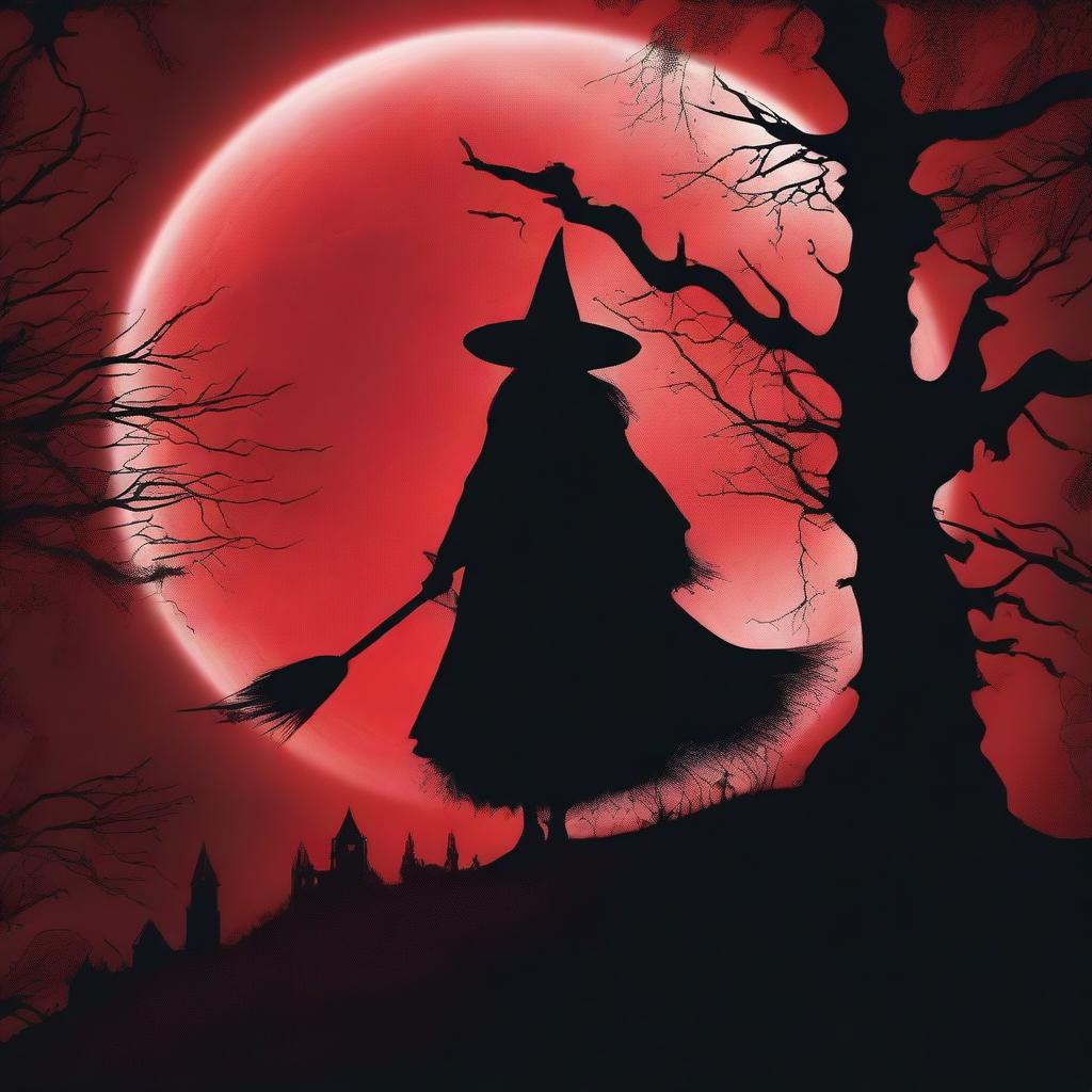 A vivid image of a blood-red moon against a stark black gothic witch background