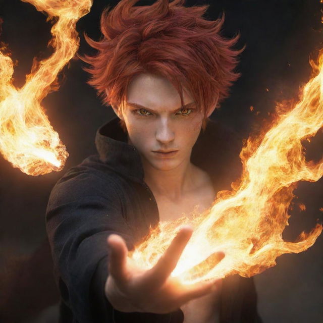 An anime-styled male character with red hair and fierce eyes, casting a powerful spell of blazing fire with his hands