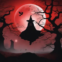 A vivid image of a blood-red moon against a stark black gothic witch background