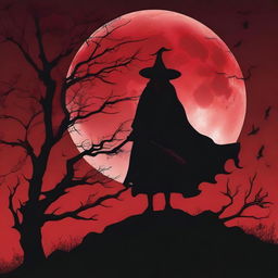 A vivid image of a blood-red moon against a stark black gothic witch background