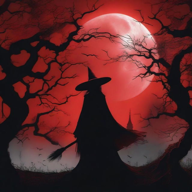 A vivid image of a blood-red moon against a stark black gothic witch background