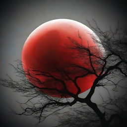 A vivid image of a blood-red moon against a stark black gothic simple background