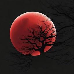 A vivid image of a blood-red moon against a stark black gothic simple background