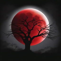 A vivid image of a blood-red moon against a stark black gothic simple background