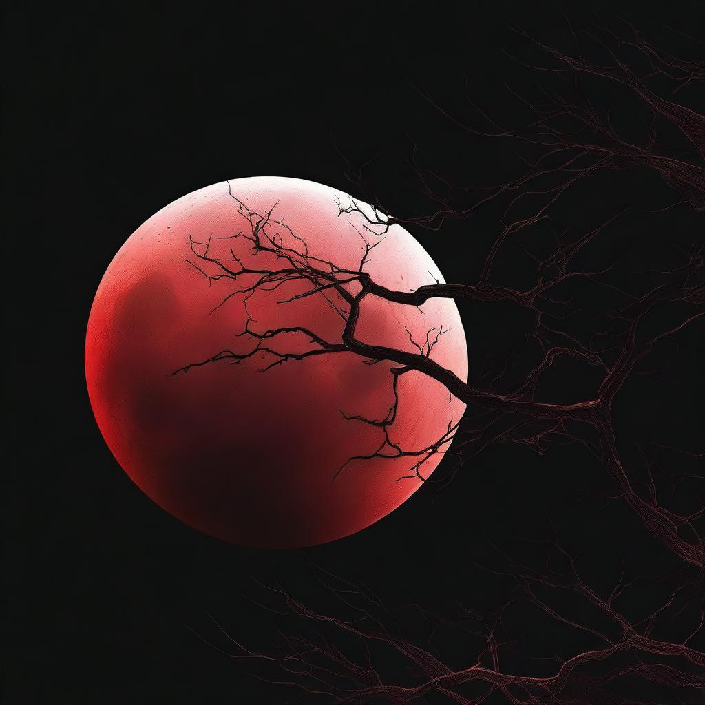 A vivid image of a blood-red moon against a stark black gothic simple background