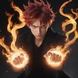 An anime-styled male character with red hair and fierce eyes, casting a powerful spell of blazing fire with his hands