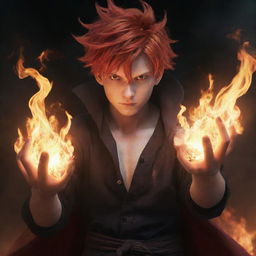 An anime-styled male character with red hair and fierce eyes, casting a powerful spell of blazing fire with his hands