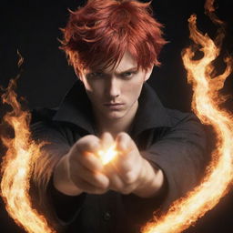 An anime-styled male character with red hair and fierce eyes, casting a powerful spell of blazing fire with his hands