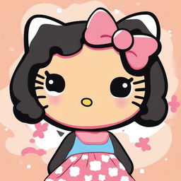 A Hello Kitty character with tanned skin, short, black, and wavy hair