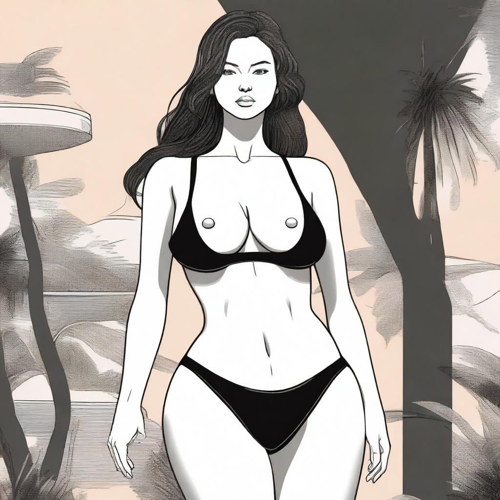 A woman wearing a black bikini top and black leggings, depicted with a larger bust