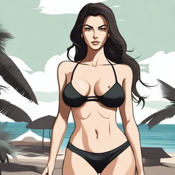 A woman wearing a black bikini top and black leggings, depicted with a larger bust