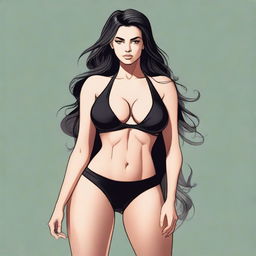 A woman wearing a black bikini top and black leggings, depicted with a larger bust