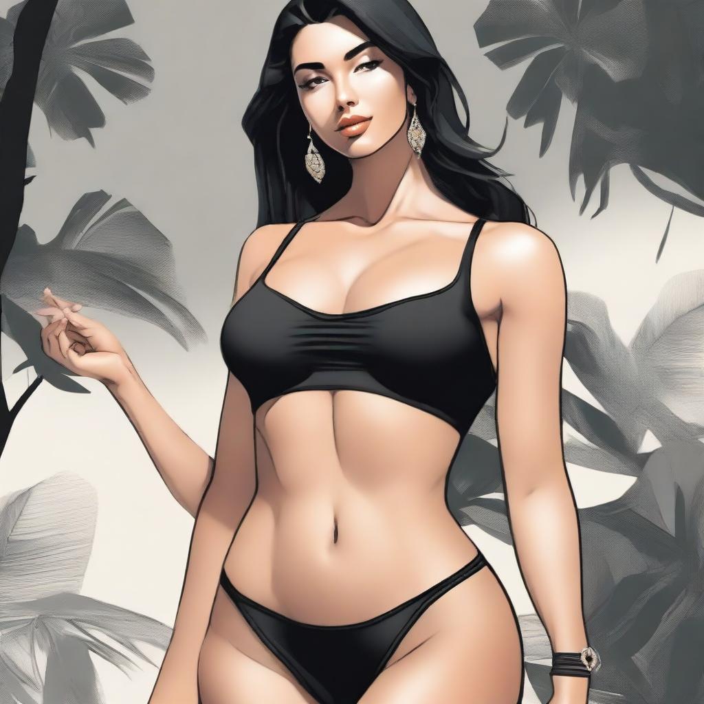 A woman wearing a black bikini top and black leggings, depicted with a larger bust