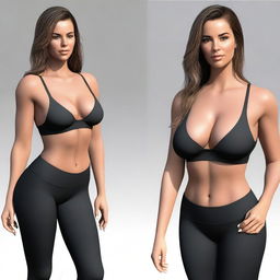 A realistic image of a woman wearing a black bikini top and black leggings