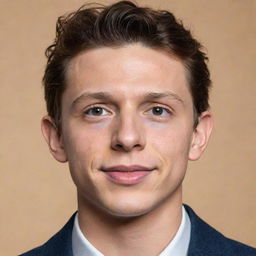 Generate a striking and realistic portrait of actor Tom Holland, prominently featuring his youthful and cheerful appearance.