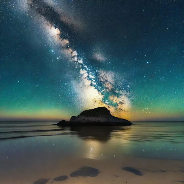 A serene night scene featuring the Milky Way galaxy of stars reflected on a bioluminescent ocean