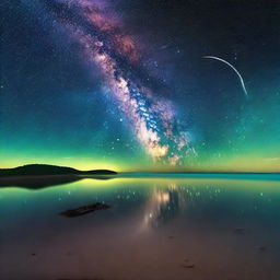 A serene night scene featuring the Milky Way galaxy of stars reflected on a bioluminescent ocean