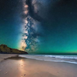 A serene night scene featuring the Milky Way galaxy of stars reflected on a bioluminescent ocean