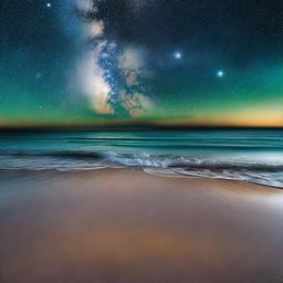 A serene night scene featuring the Milky Way galaxy of stars reflected on a bioluminescent ocean