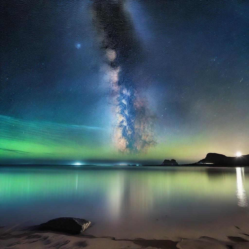 A serene night scene featuring the Milky Way galaxy of stars reflected on a bioluminescent ocean