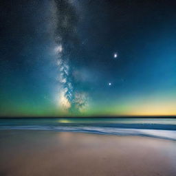 A serene night scene featuring the Milky Way galaxy of stars reflected on a bioluminescent ocean