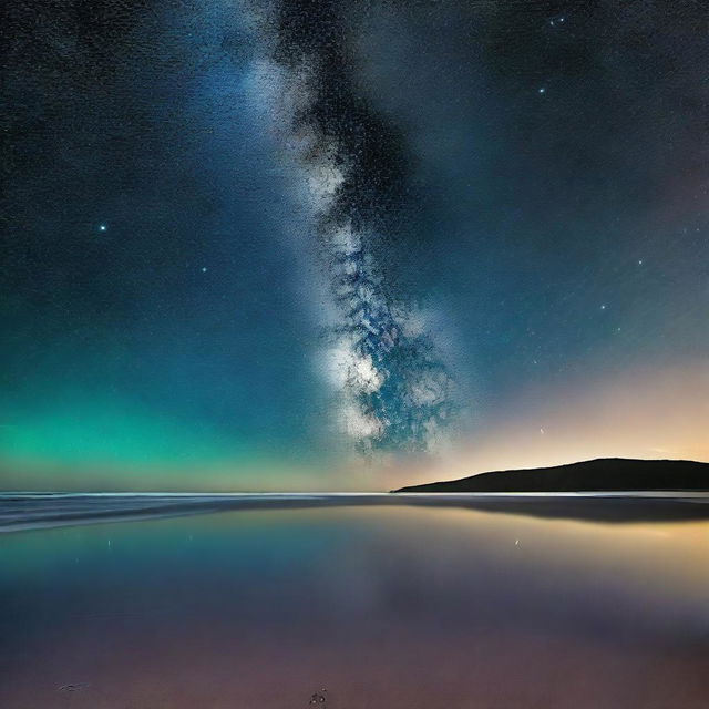 A serene night scene featuring the Milky Way galaxy of stars reflected on a bioluminescent ocean