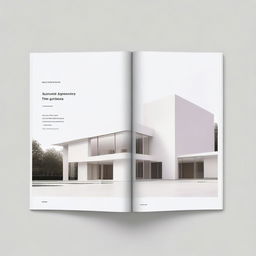 Create a spread of a modern architecture book featuring sleek, minimalist designs in light colors