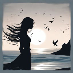 A silhouette of a handsome woman in side profile with medium-length, flowing and windswept hair