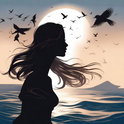 A silhouette of a handsome woman in side profile with medium-length, flowing and windswept hair