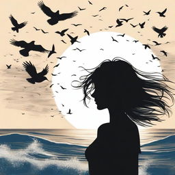 A silhouette of a handsome woman in side profile with medium-length, flowing and windswept hair