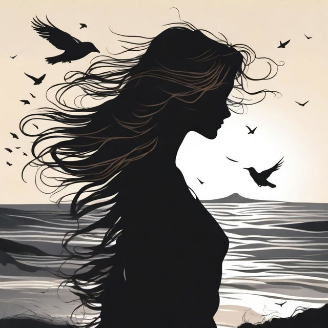 A silhouette of a handsome woman in side profile with medium-length, flowing and windswept hair