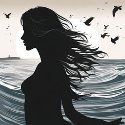 A silhouette of a handsome woman in side profile with medium-length, flowing and windswept hair