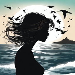 A silhouette of a handsome woman in side profile with medium-length, flowing and windswept hair