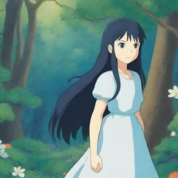 A 12-year-old girl with long black hair and blue eyes, depicted in the whimsical and enchanting style of Studio Ghibli