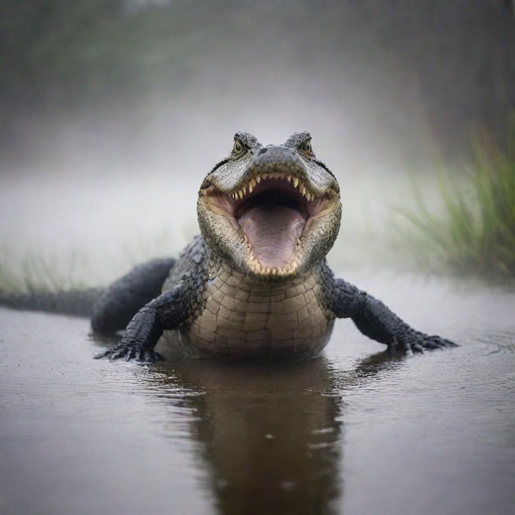 A dramatic and intense scene of an alligator displaying its full might while engaged in a fierce battle, set against a backdrop of a misty swamp.