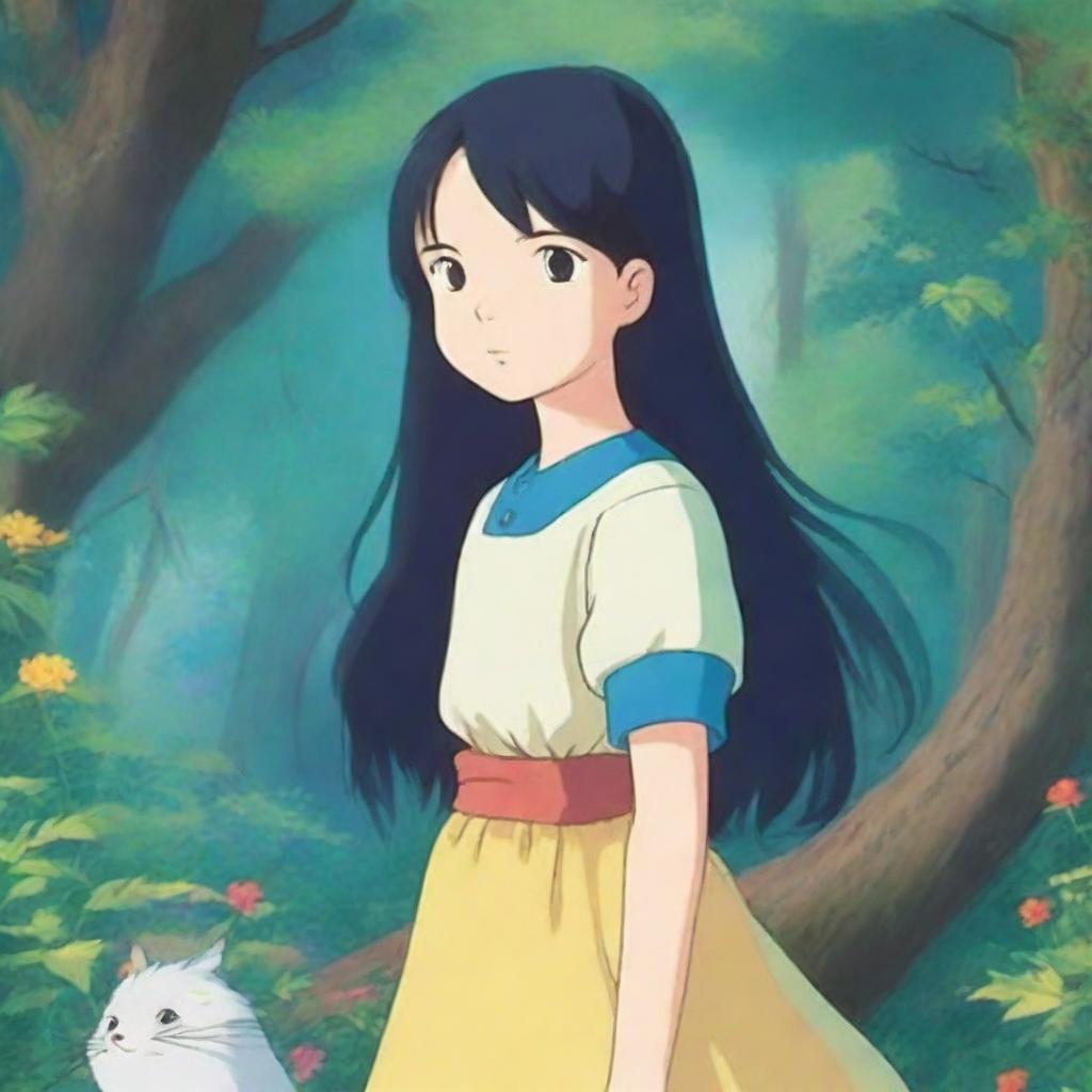 A 12-year-old girl with long black hair and blue eyes, depicted in the whimsical and enchanting style of Studio Ghibli