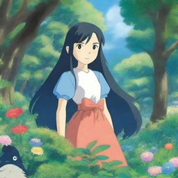 A 12-year-old girl with long black hair and blue eyes, depicted in the whimsical and enchanting style of Studio Ghibli