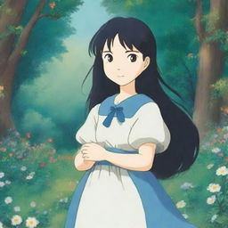 A 12-year-old girl with long black hair and blue eyes, depicted in the whimsical and enchanting style of Studio Ghibli